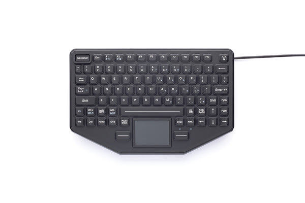7300-0034 - Mountable Keyboard with Touchpad.  86-Key Functionality,  Function Key for Secondary Legend Flexibility,  Integrated Touchpad,  Meets NEMA 4X (IP65) Specifications,  One-Touch Emergency Key,  Red Backlit Keys.