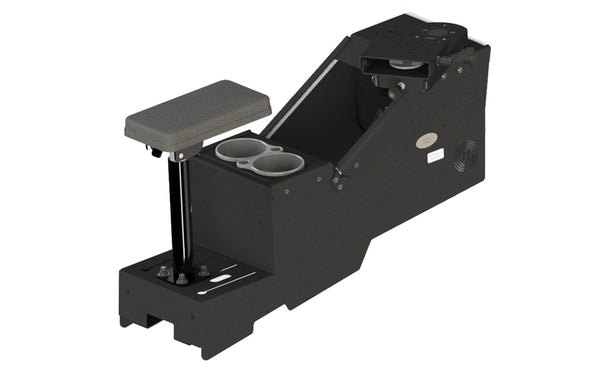 Gamber-Johnson 7170-0735-04: 2020+ Ford Police Interceptor Utility Short Console Box with Cup Holder, Armrest, and Mongoose - 9-in� Locking Slide Arm with Short Clevis