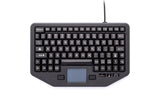 Gamber-Johnson:  Backlit Keyboard with Integrated Touchpad.  12 Function Keys,  88-Key Functionality,  Integrated Backlighting,  Integrated Touchpad,  Mobile Mounting Holes,  One-Touch Emergency Key.