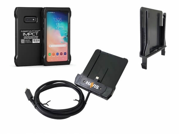 Havis PKG-PD-101-AGS10E-CGS10E - Package - Havis Phone Dock with Adapter and Juggernaut.Case IMPCT Smartphone Case - Samsung Galaxy S10e